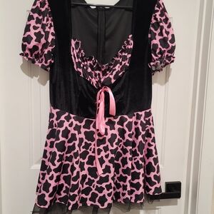🎃 HALLOWEEN - Pink and Black Strawberry Milkshake Cow Print Dress🎃